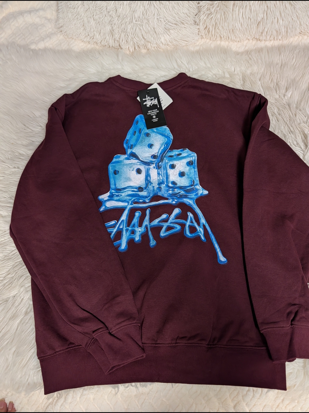 Stussy Maroon Crewneck with Blue Dice Graphic